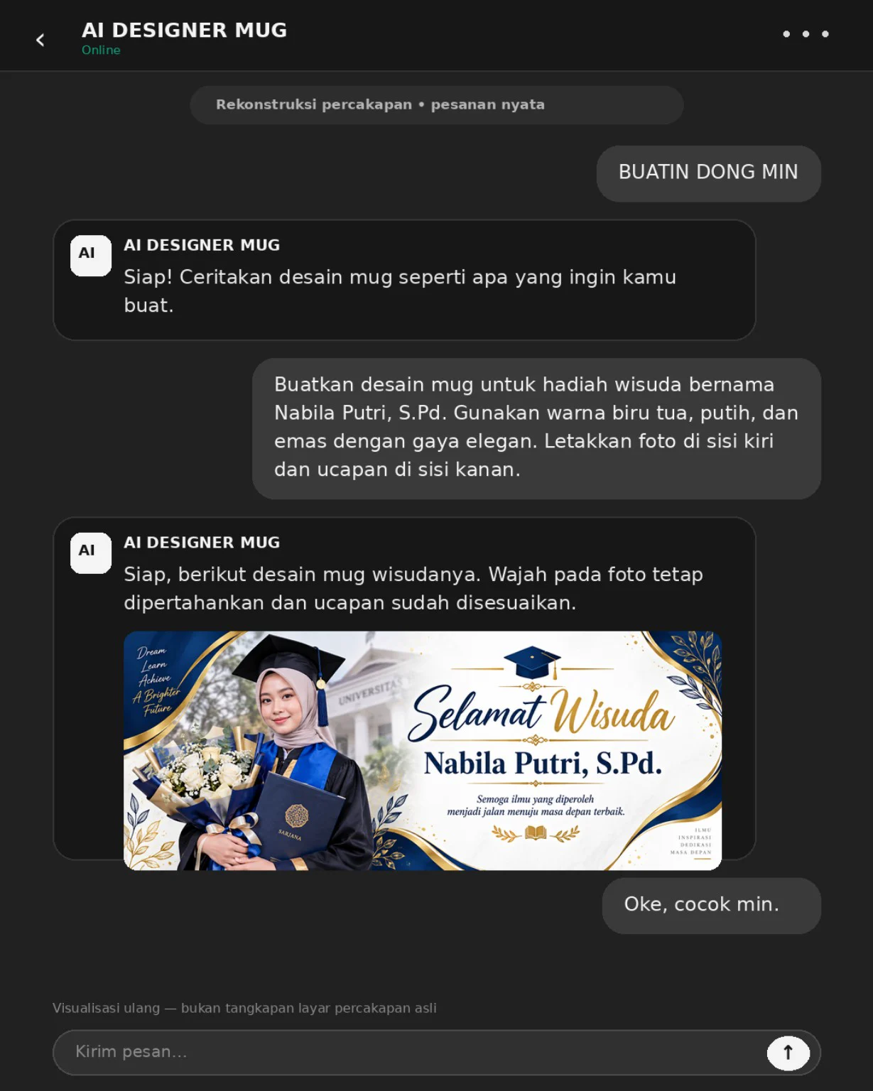 Percakapan pelanggan dengan AI Designer Mug untuk membuat desain mug hadiah wisuda Nabila Putri