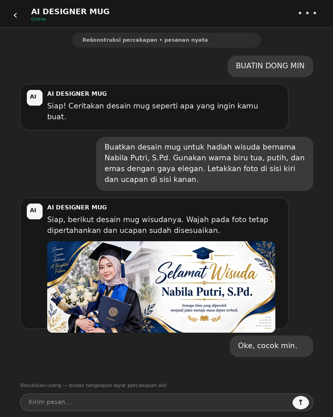 Contoh percakapan AI Designer Mug untuk membuat desain mug hadiah wisuda Nabila Putri