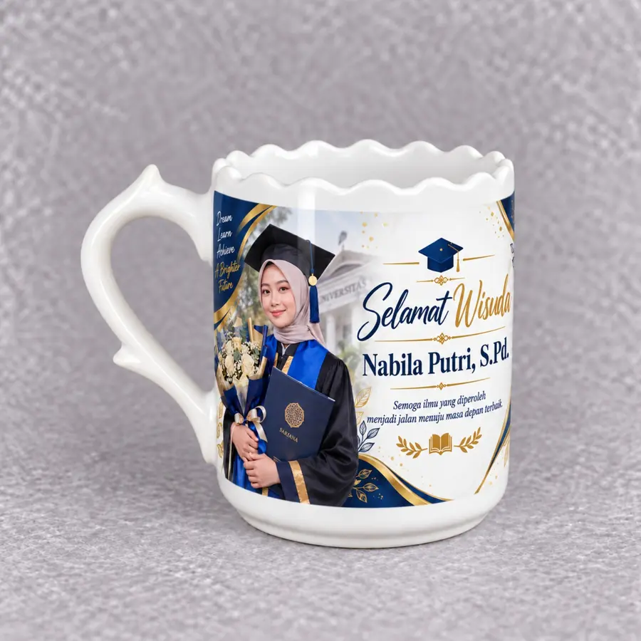 Mug Flower custom dengan tepi bergelombang dan contoh desain wisuda