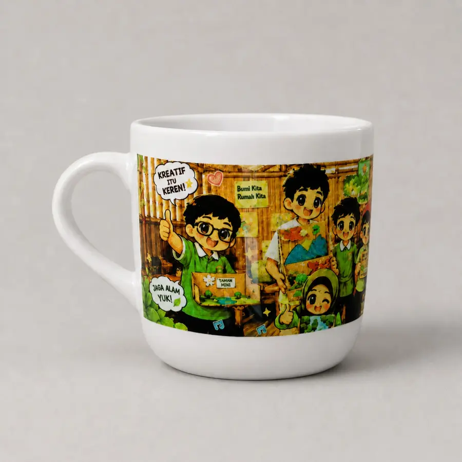 Mug Tea custom dengan cetakan desain ilustrasi