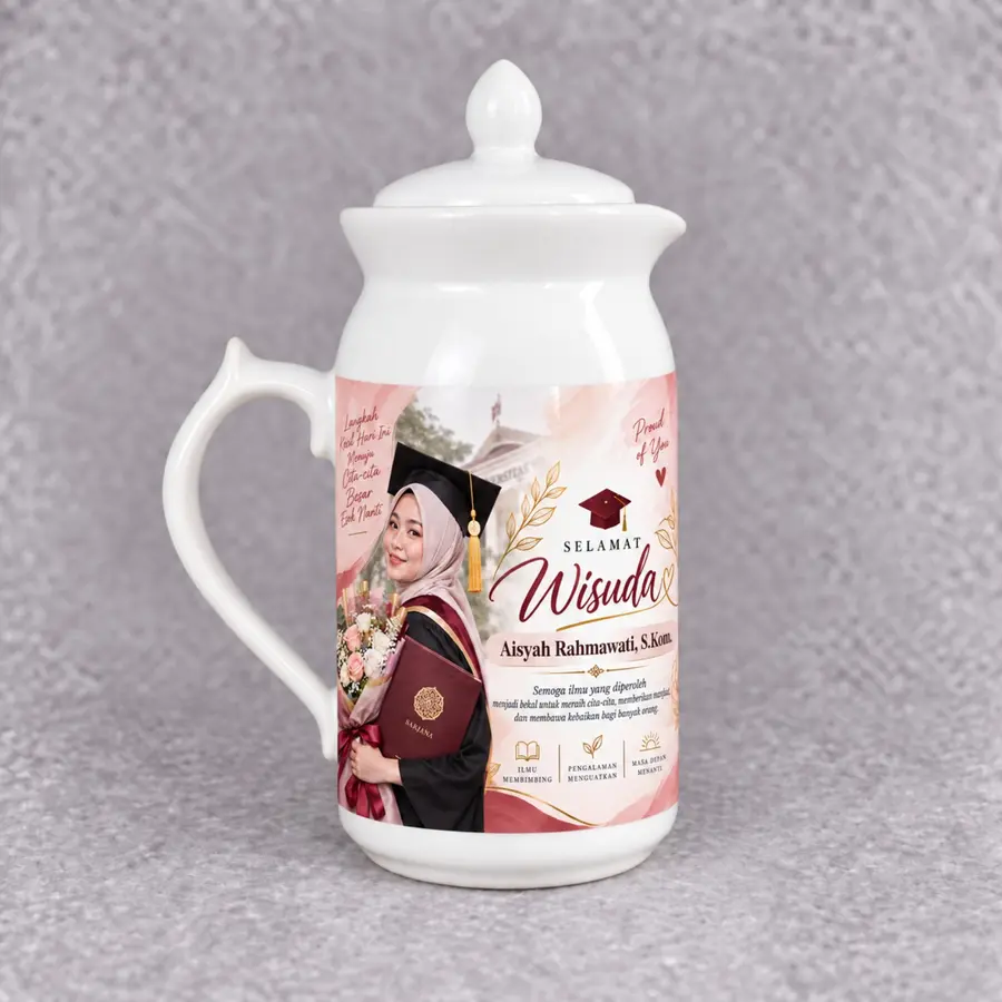Mug Teko Besar bertutup dengan contoh desain wisuda